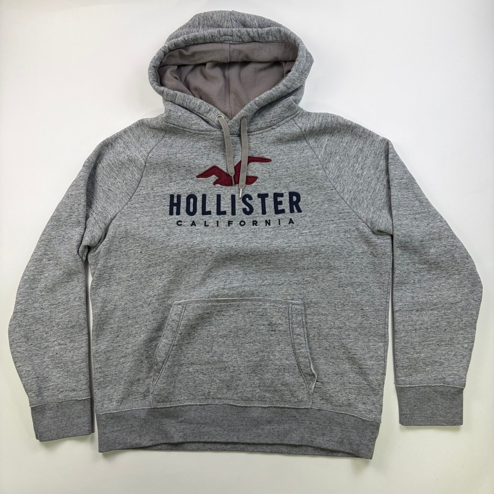 Y2K Hollister California Logo Hoodie Mens XL Grey Heathered Pullover Fleece